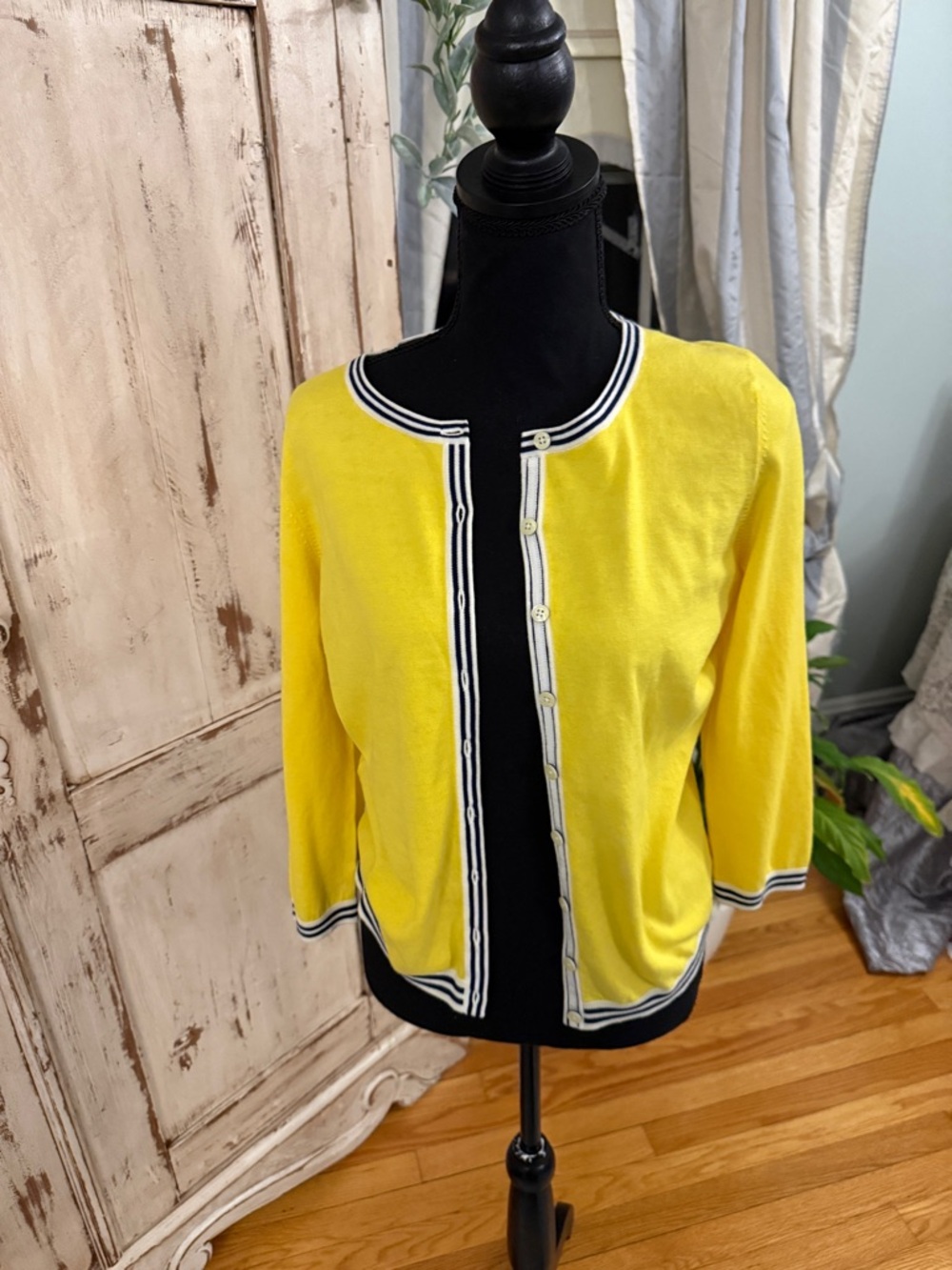 Talbots tipped button cardigan. Yellow w/black and white strip. Medium . Preppy